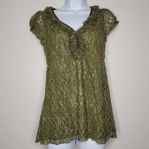 Studio Y y2k green textured ruffle fairy Renaissance woodsy top size medium - Picture 1 of 6